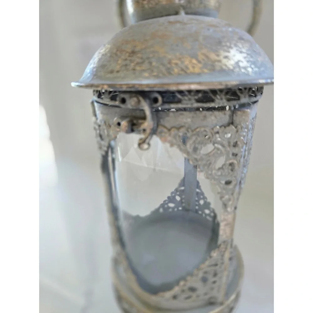 Vintage Style Distressed Grey Gold Metal Filigree Glass Candle Lantern Handle
